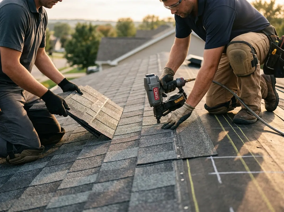 Professional roofer working on a residential roof in Lovington